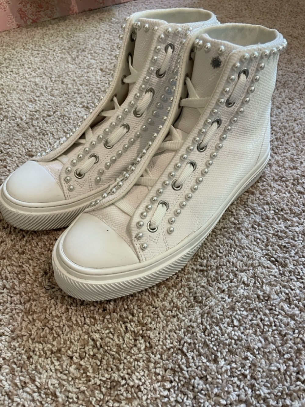 Stuart Weitzman White High-Top Pearl-Stud Sneakers - great for Bridesmaids!